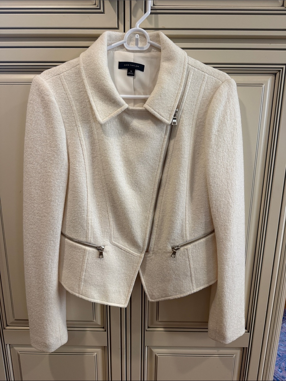 Ann Taylor Cream Asymmetrical Zip Wool-Blend Blazer